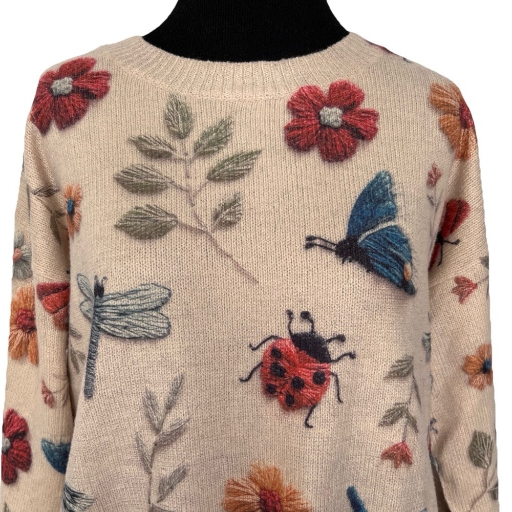 Nature Outdoor Earthy Inspired Knit Sweater Butterfly Ladybug Floral Large